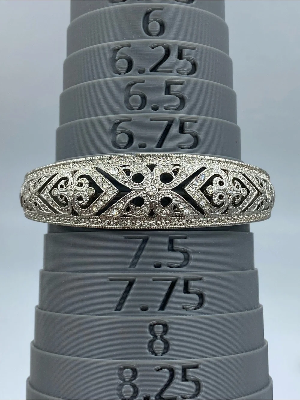 Vintage Ornate Silver Tone Filigree Bracelet With Pave Crystal Accents and Clasp